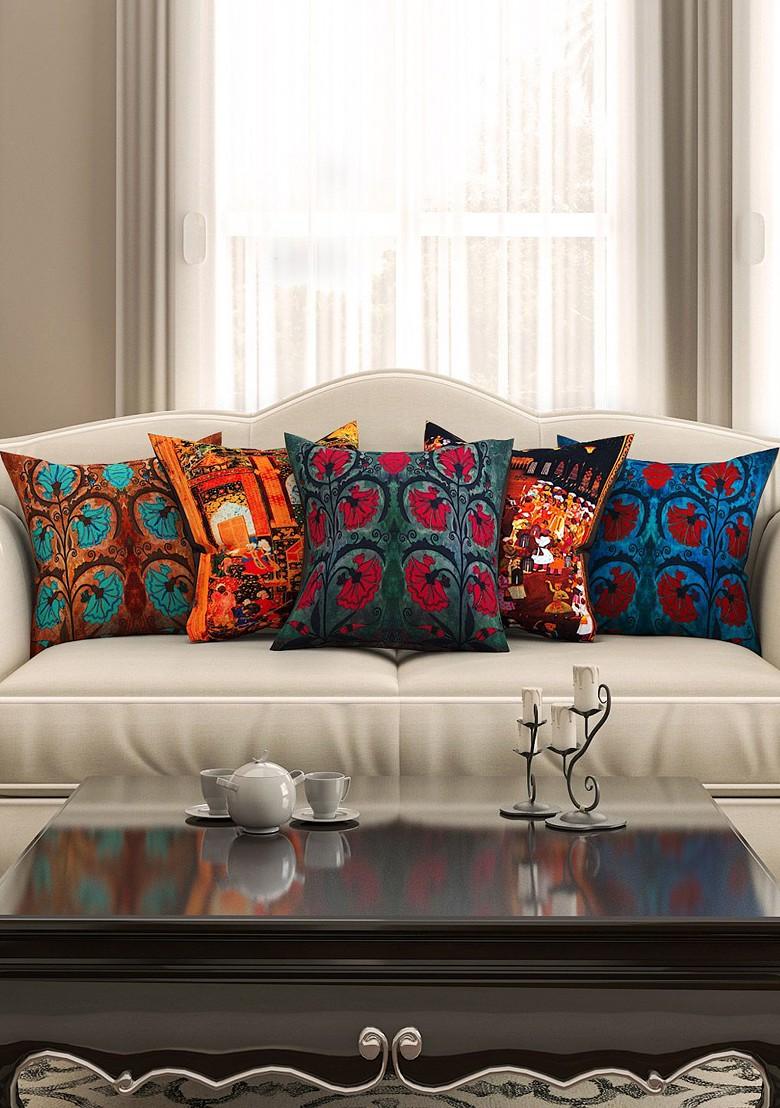 Multicoloured 16 X 16 Set Of 5 Square Printed Cushion Covers