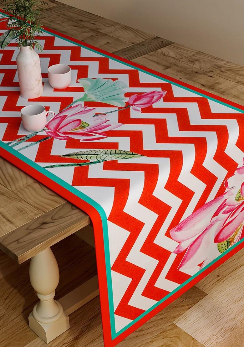 Red And White Chevron Print Rectangular 48 X 13 Cotton Table Runner