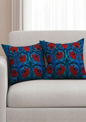Blue Set Of 2 Floral Print 16 X 16 Square Cushion Covers