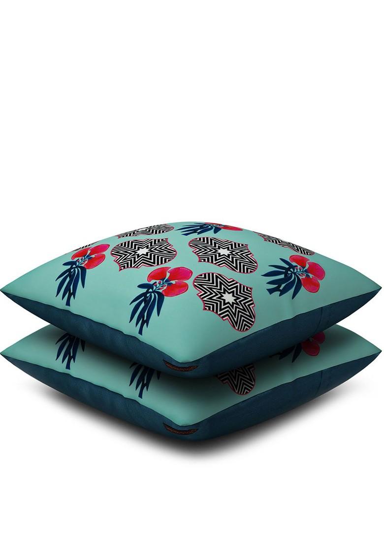 Blue Set Of 2 Printed 16 X 16 Square Cushion Covers