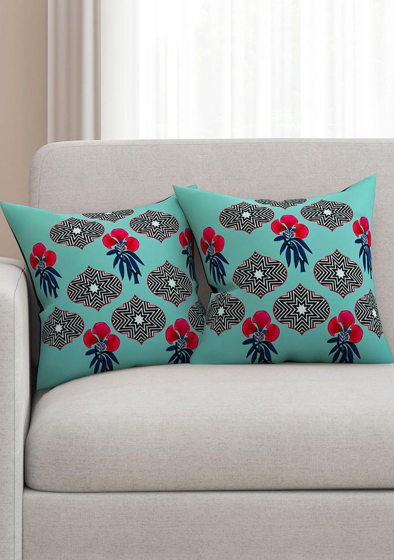 Blue Set Of 2 Printed 16 X 16 Square Cushion Covers