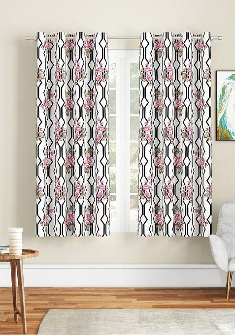 White And Green Set Of 2 Floral Window Curtain