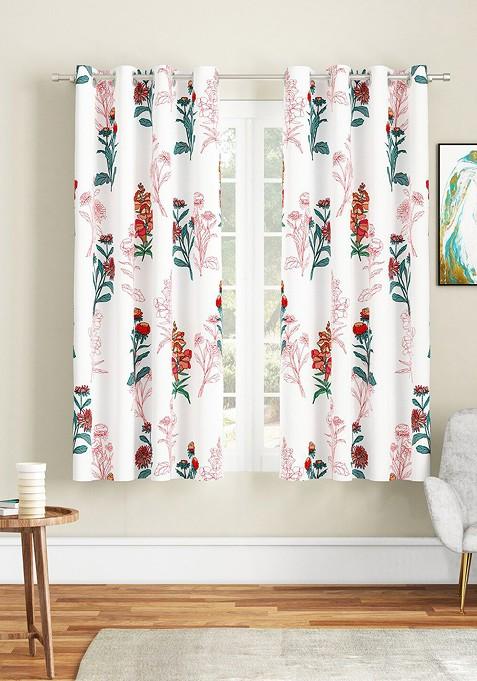 White And Red Set Of 2 Floral Window Curtain