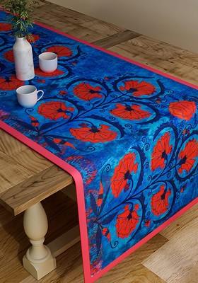 Blue And Red Floral Print Rectangular 48 X 13 Cotton Table Runner
