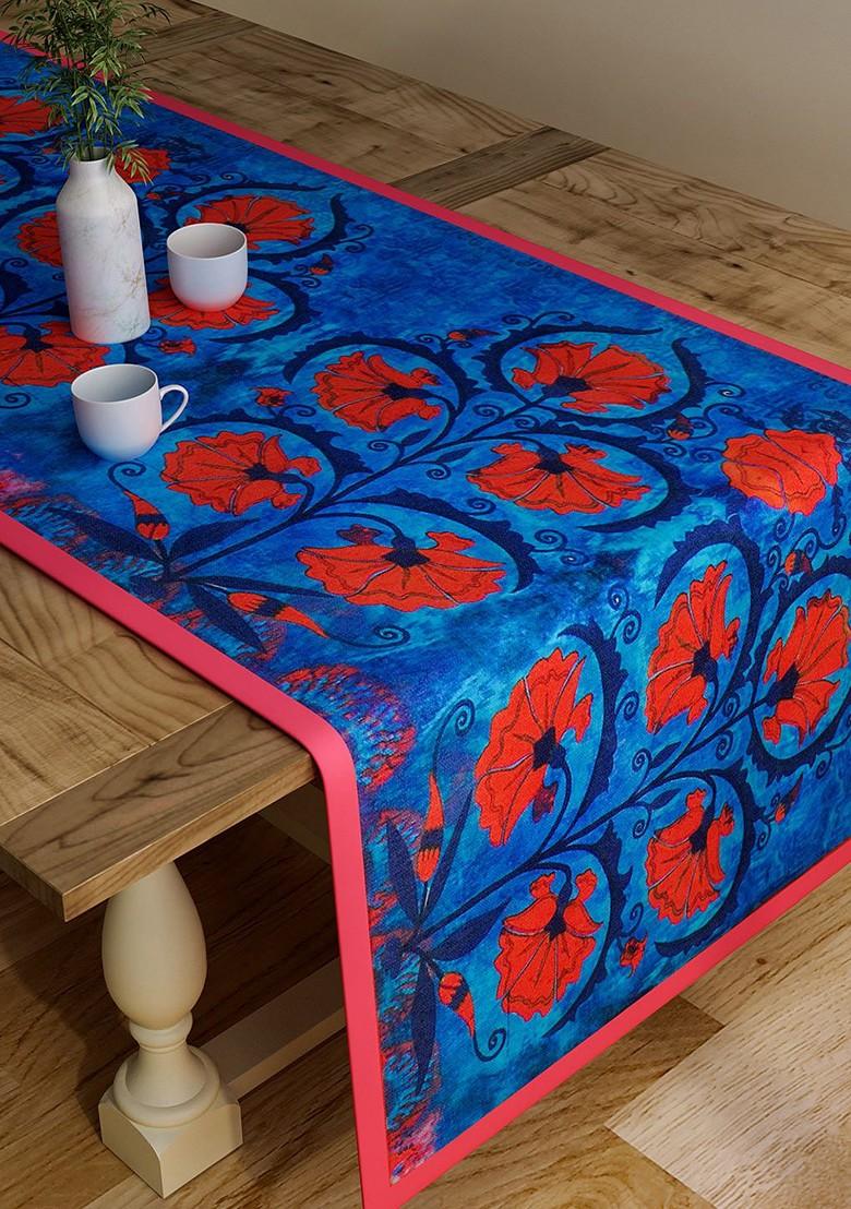 Blue And Red Floral Print Rectangular 48 X 13 Cotton Table Runner