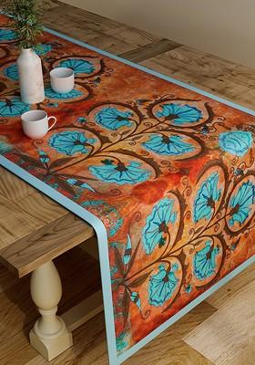 Brown And Blue Floral Print Rectangular Cotton Table Runner