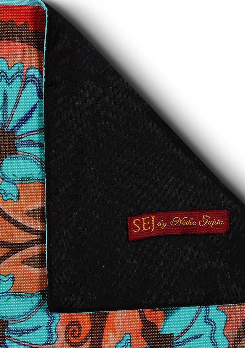 Brown And Blue Floral Print Rectangular Cotton Table Runner