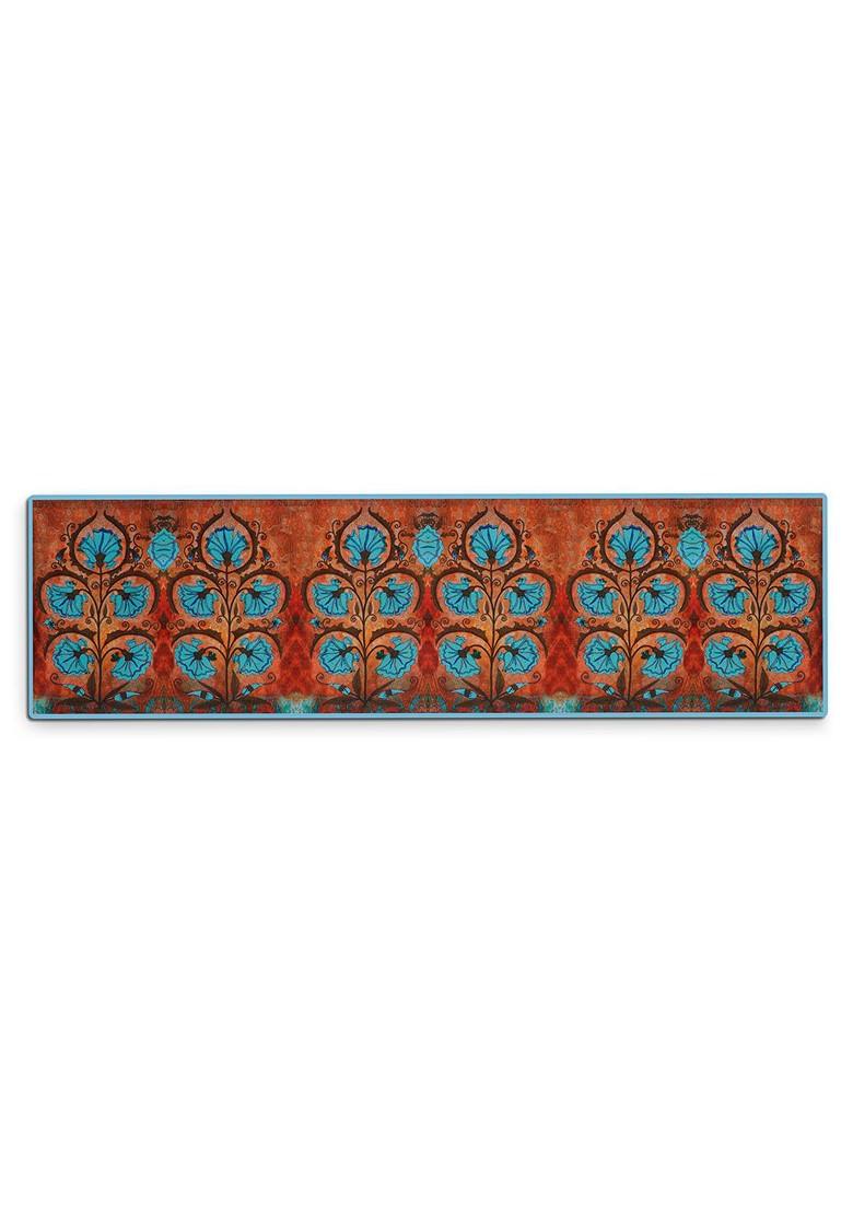 Brown And Blue Floral Print Rectangular Cotton Table Runner