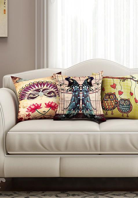 Multicoloured Set Of 3 Printed 16 X 16 Square Cushion Covers