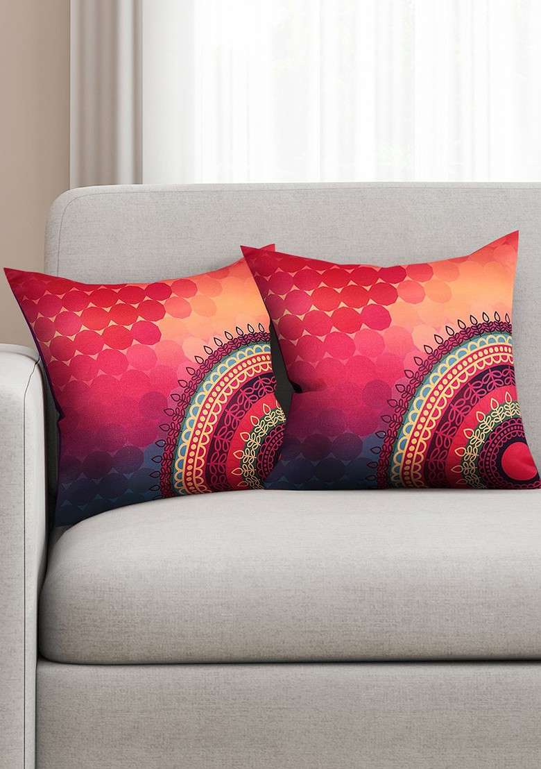 Pink Set Of 2 Printed 16 X 16 Silk Square Cushion Covers - Indya