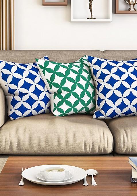 Blue And White Set Of 3 Printed 16 X 16 Square Cushion Covers