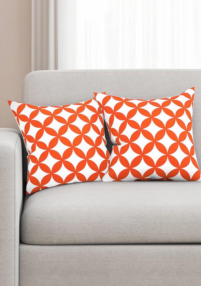 Orange And White Set Of 2 Printed 16 X 16 Square Cushion Covers