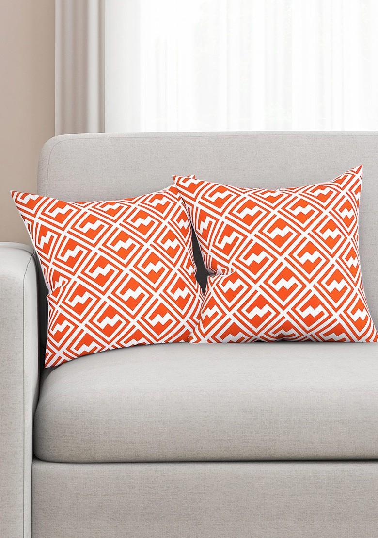 Orange And White Set Of 2 Printed 16 X 16 Square Cushion Covers