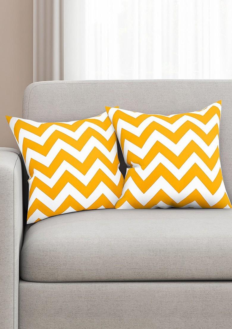 Yellow And White Set Of 2 Printed 16 X 16 Square Cushion Covers