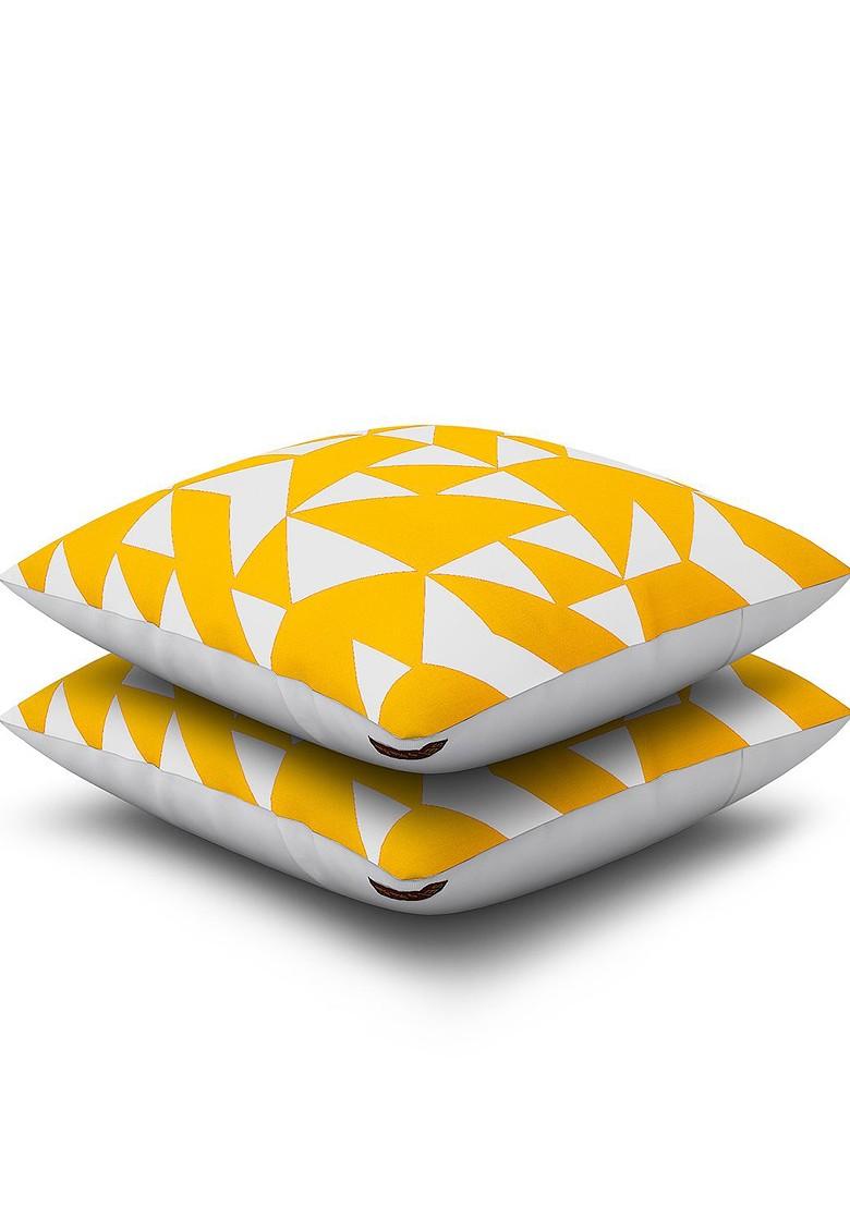 Yellow And White Set Of 2 Printed 16 X 16 Square Cushion Covers