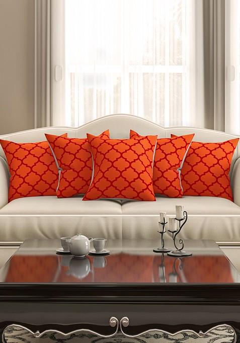 Set Of 5 Orange Printed 16 X 16 Square Cushion Covers