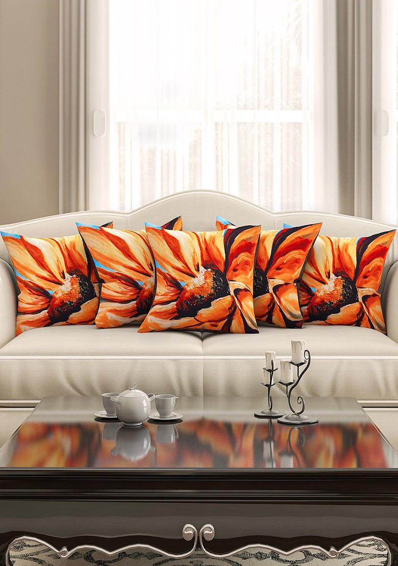Orange Set Of 5 Floral Print 16 X 16 Square Cushion Covers