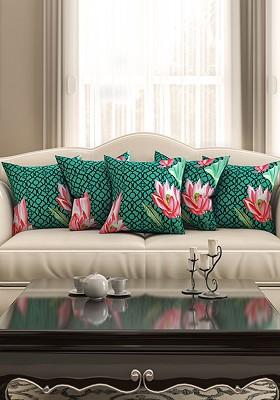 Green Set Of 5 Floral Print 16 X 16 Square Cushion Covers