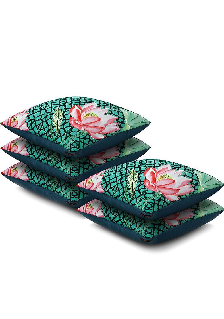 Green Set Of 5 Floral Print 16 X 16 Square Cushion Covers