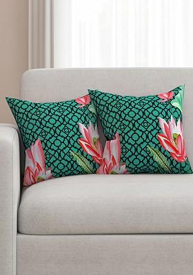 Green Set Of 2 Floral Print 16 X 16 Square Cushion Covers