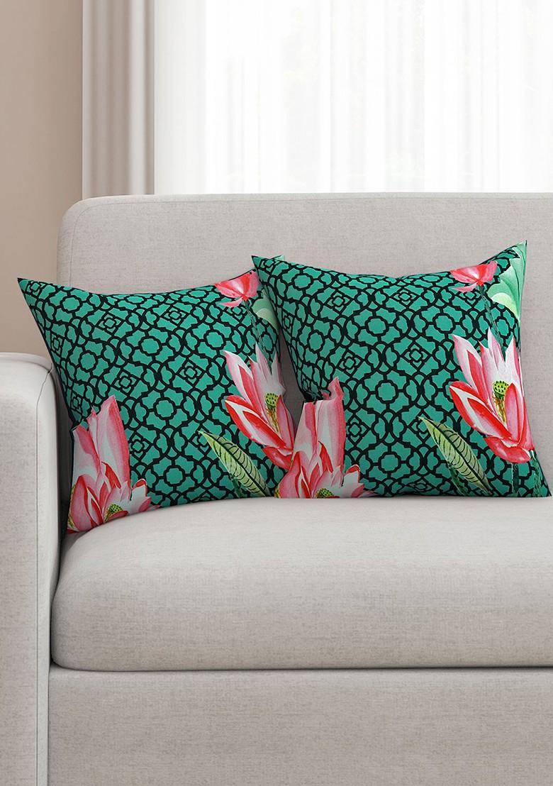 Green Set Of 2 Floral Print 16 X 16 Square Cushion Covers
