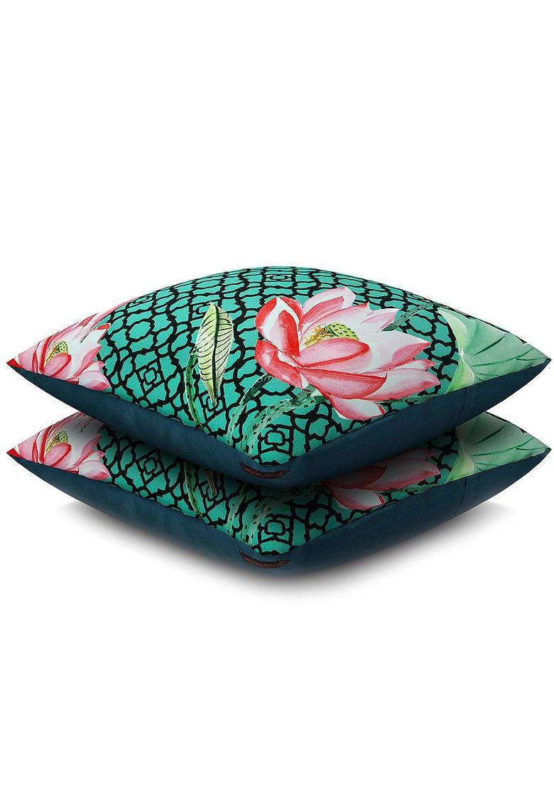Green Set Of 2 Floral Print 16 X 16 Square Cushion Covers
