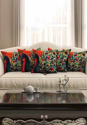 Orange And Green Set Of 5 Printed 16 X 16 Square Cushion Covers