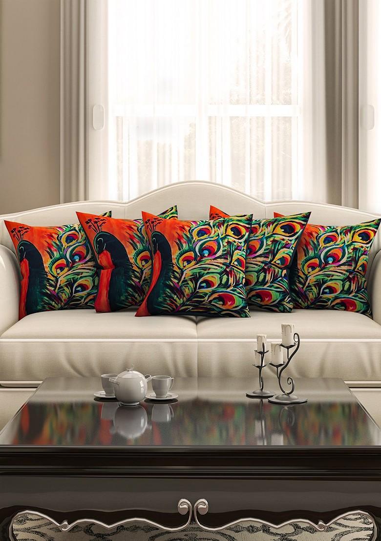 Orange And Green Set Of 5 Printed 16 X 16 Square Cushion Covers