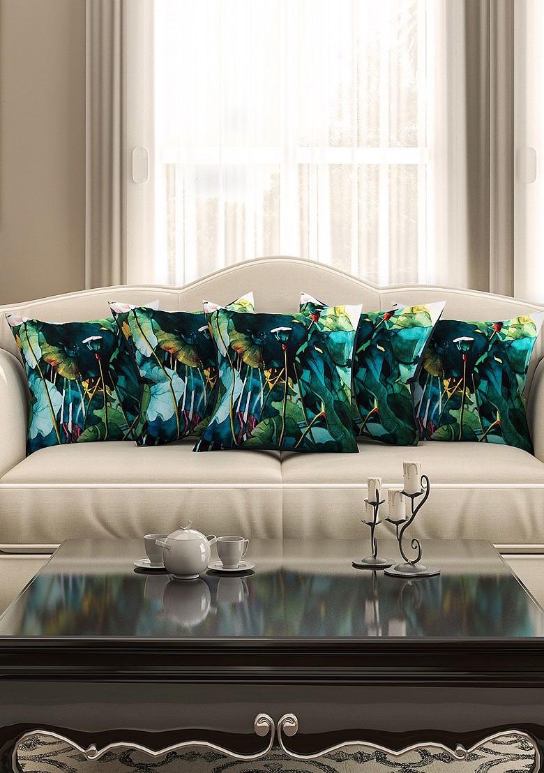 Green Set Of 5 Tropical Print 16 X 16 Square Cushion Covers