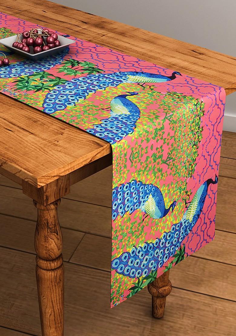 Pink And Blue Printed Rectangular 13 X 48 Cotton Table Runner