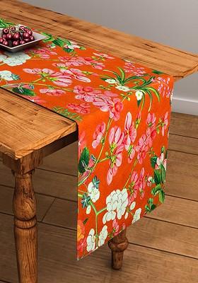 Orange Floral Print Rectangular 13 X 48 Cotton Table Runner