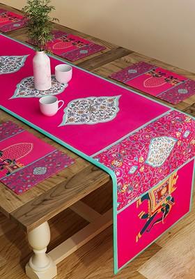 Set Of 6 Pink Printed Table Placemats And Runner Set