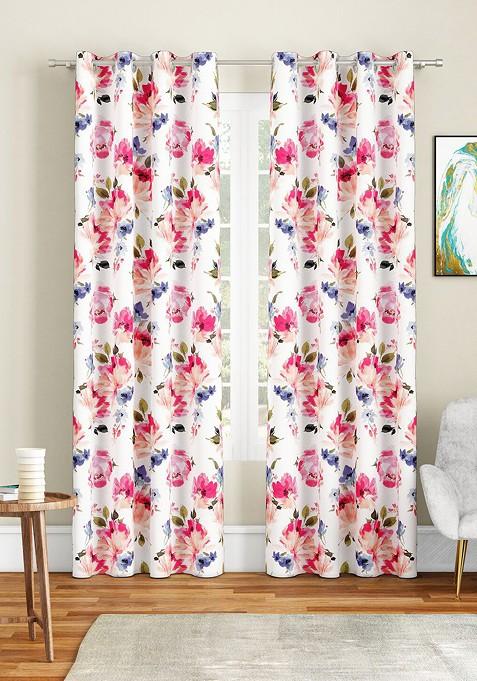 White And Pink Set Of 2 Floral Long Door Curtain