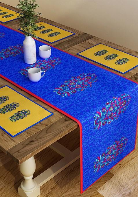 Set Of 7 Blue And Red Table Placemats And Runner
