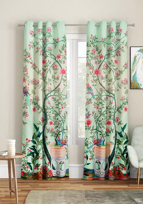 Green And Red Set Of 2 Floral Long Door Curtain