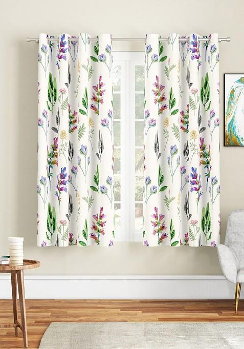 White And Green Set Of 2 Floral Window Curtain