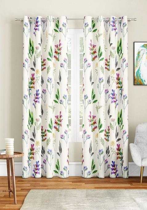 White And Green Set Of 2 Floral Long Door Curtain