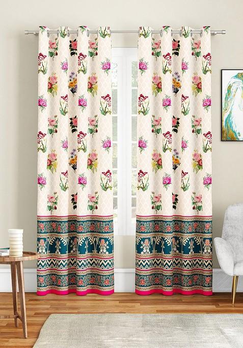 CreamColoured And Green Set Of 2 Floral Door Curtain