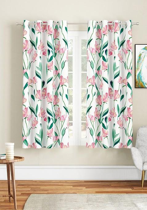 White And Green Set Of 2 Floral Window Curtain