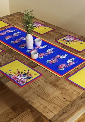 Set Of 7 Blue Printed Table Placemats And Runner