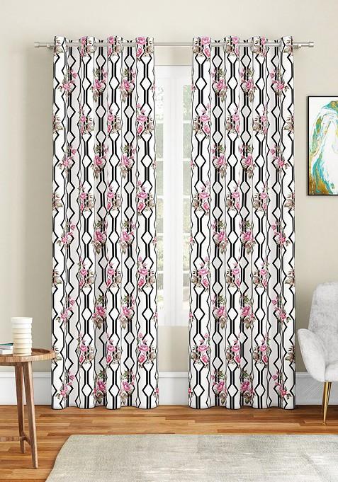 White And Black Set Of 2 Floral Door Curtain