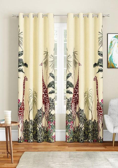 CreamColoured And Green Set Of 2 Long Door Curtain