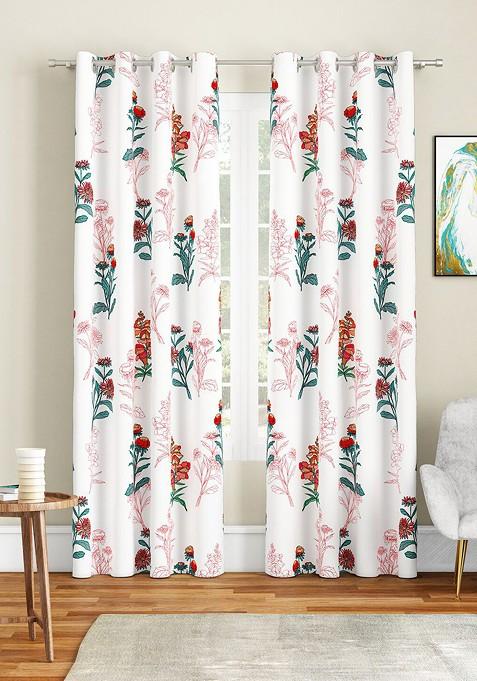 White And Green Set Of 2 Floral Long Door Curtain
