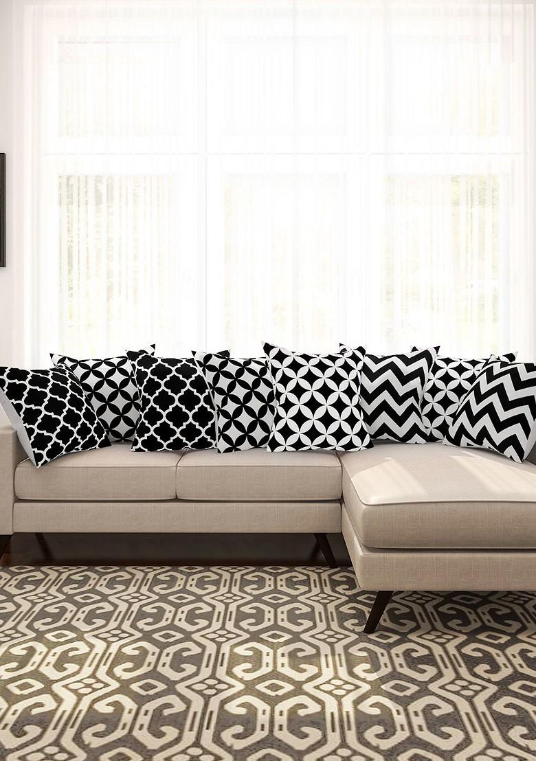Black And White Set Of 8 Printed 16 X 16 Square Cushion Covers