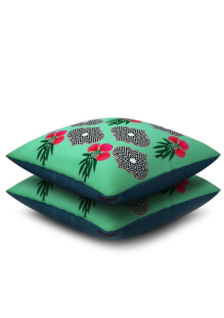 Green Set Of 2 Printed 16 X 16 Square Cushion Covers