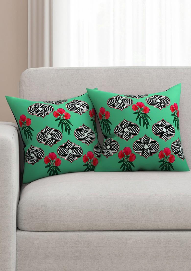 Green Set Of 2 Printed 16 X 16 Square Cushion Covers