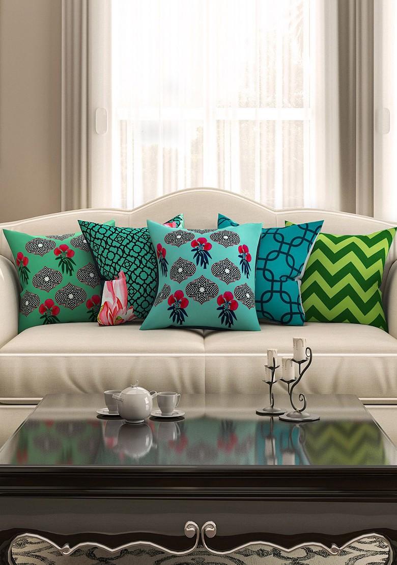 Blue And Green 16 X 16 Set Of 5 Square Printed Cushion Covers
