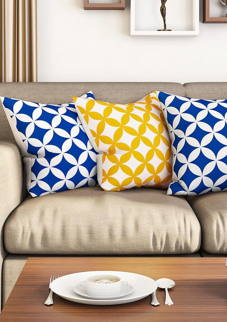 Blue And White Set Of 3 Printed 16 X 16 Square Cushion Covers
