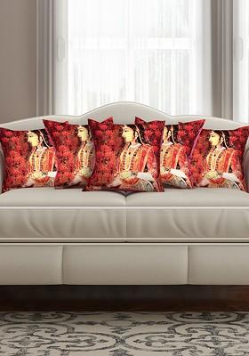 Red Set Of 5 Printed 16 X 16 Silk Square Cushion Covers