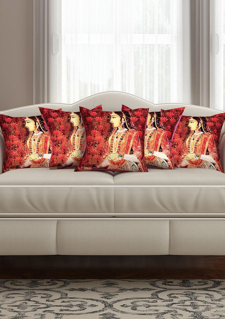 Red Set Of 5 Printed 16 X 16 Silk Square Cushion Covers
